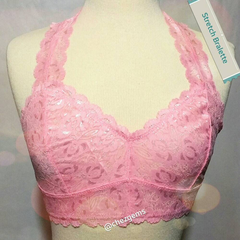 Pink Lace Stretch lined BoHo Long Bralette NEW NWT